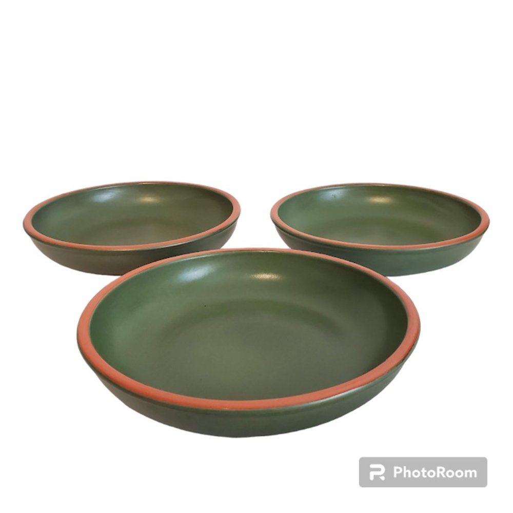 Vtg Casa Verde Portugal Olive Green Glazed Terracotta 7.75 " Low Pasta Bowl Set3